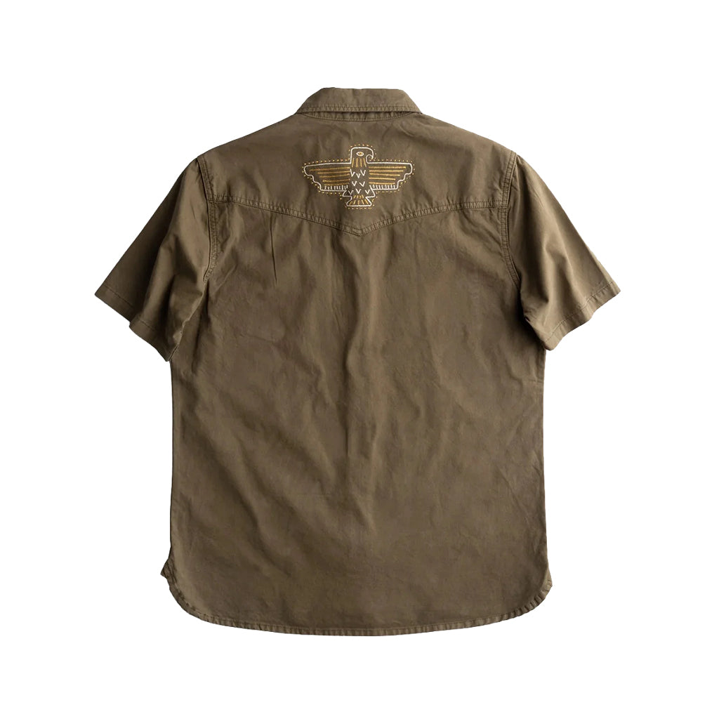 Brown short-sleeve shirt with a logo on the back against a white background