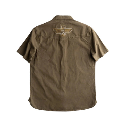 Brown short-sleeve shirt with a logo on the back against a white background