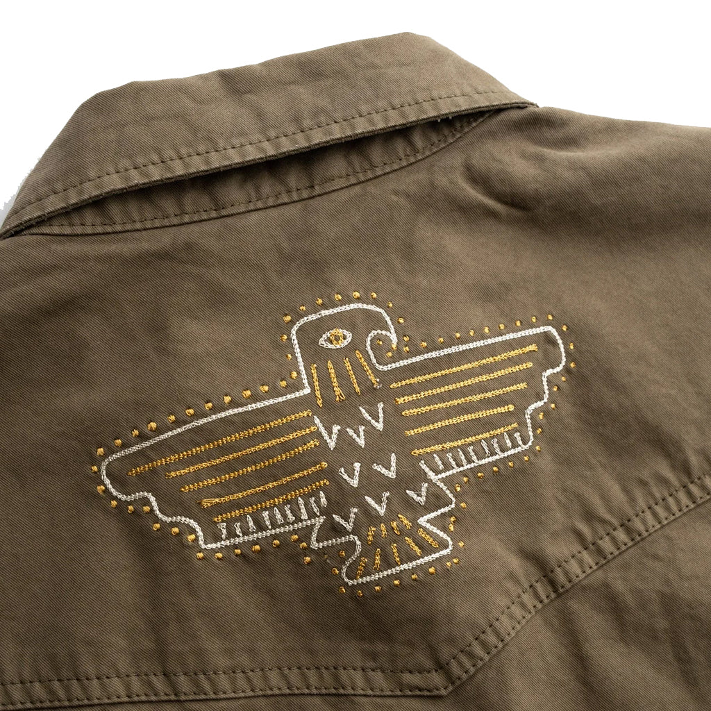 Brown jacket with embroidered eagle design on a white background