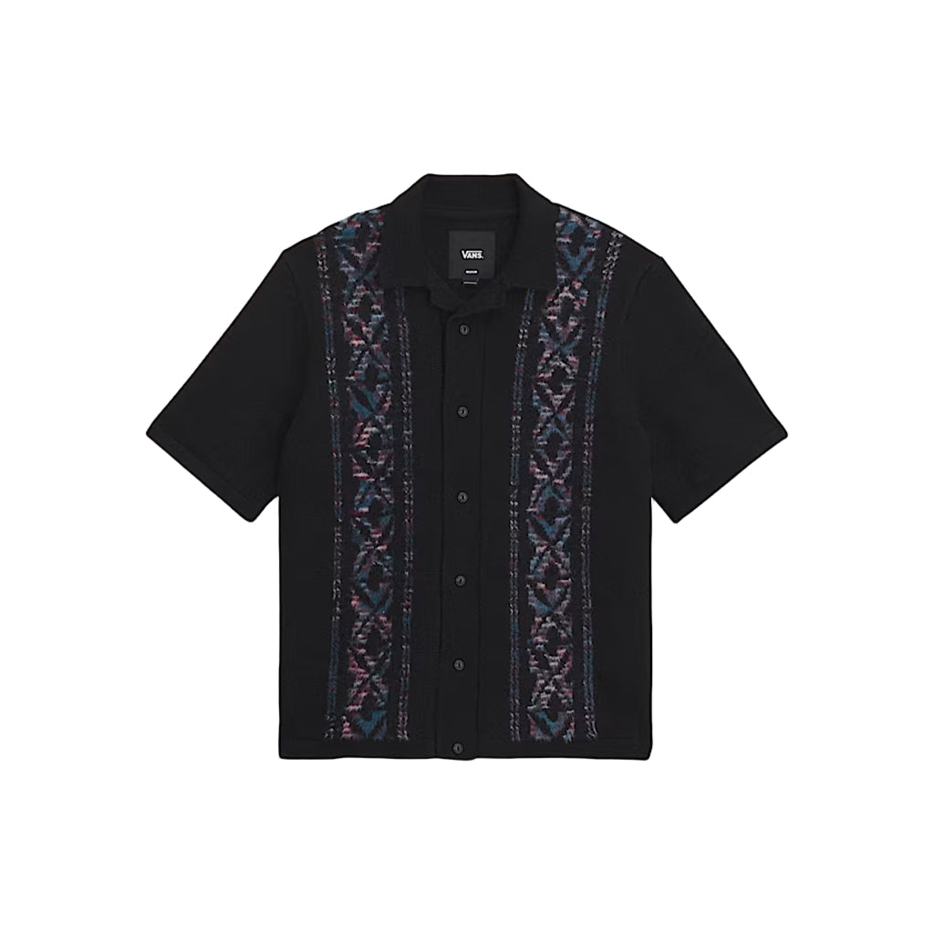 Black short-sleeve shirt with patterned collar on a light gray background