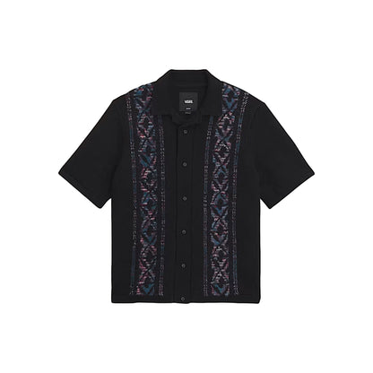Black short-sleeve shirt with patterned collar on a light gray background