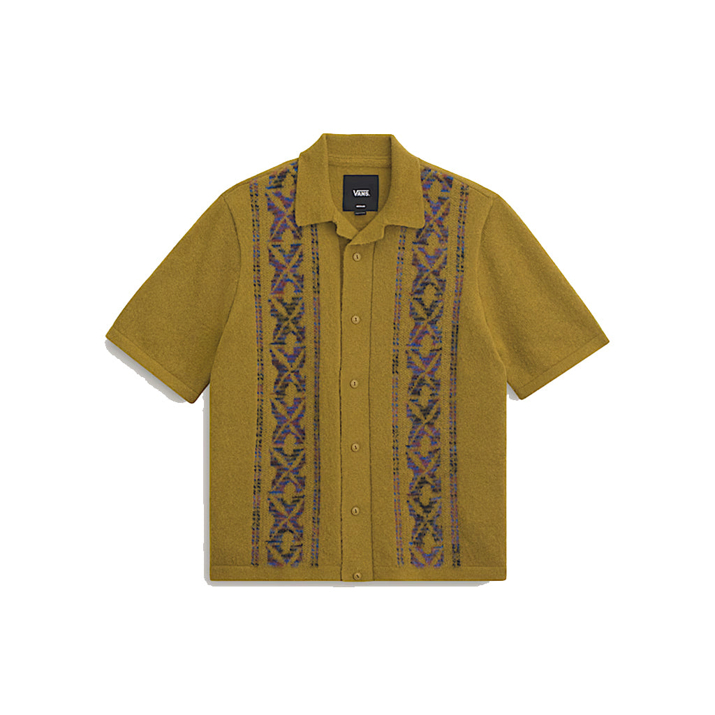 Green short-sleeve shirt with patterned details on a white background