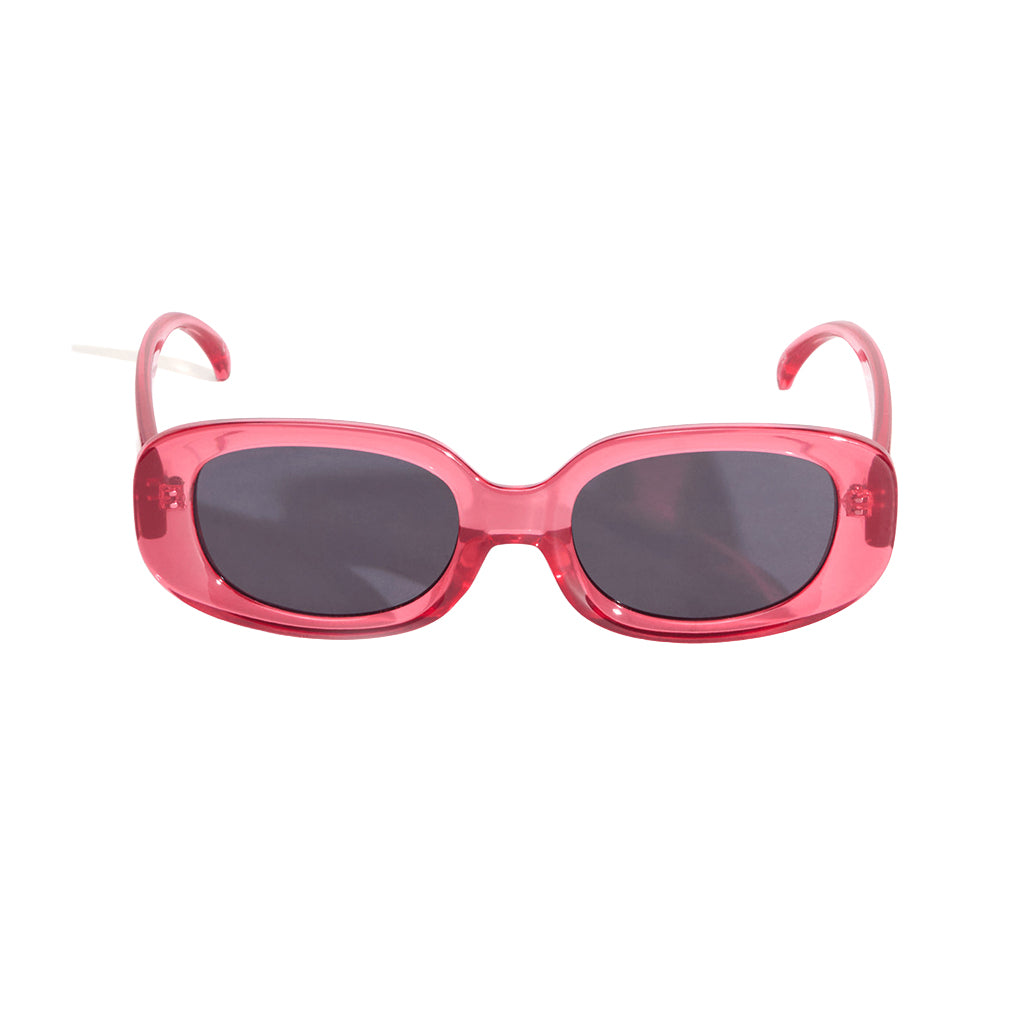Pink sunglasses with dark lenses on a white background