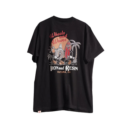 Black t-shirt with 'Wheels and Waves' graphic design on a white background