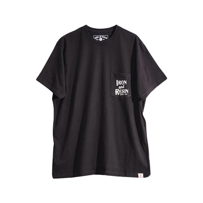 Black t-shirt with a pocket and branding on a white background