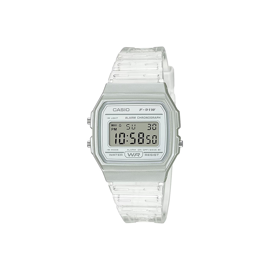 Casio digital watch with clear strap on a white background