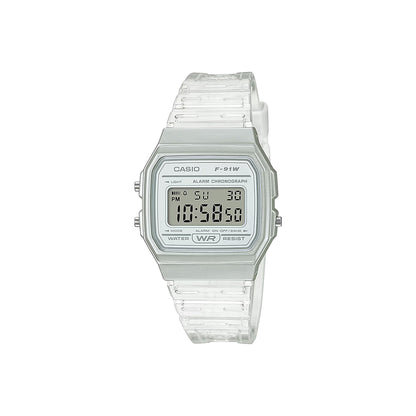 Casio digital watch with clear strap on a white background