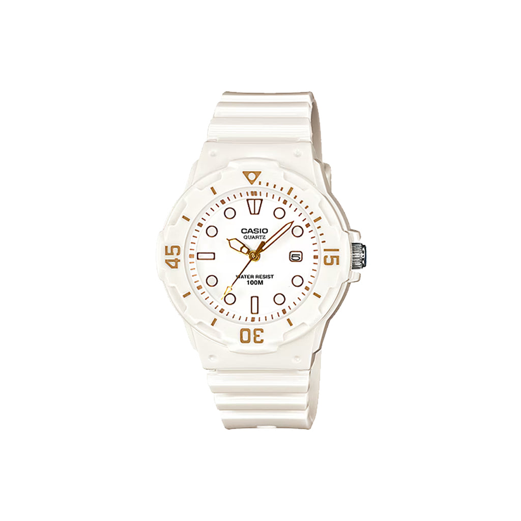 White Casio watch with gold accents on a white background