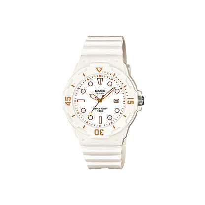 White Casio watch with gold accents on a white background