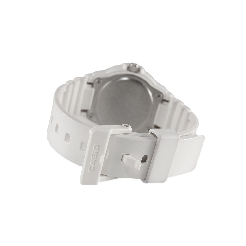 White Casio watch strap on a white background