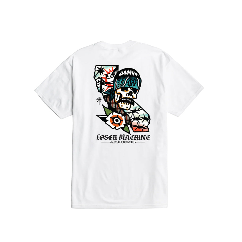 White t-shirt with a graphic design of a skull and text on a white background