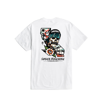 White t-shirt with a graphic design of a skull and text on a white background