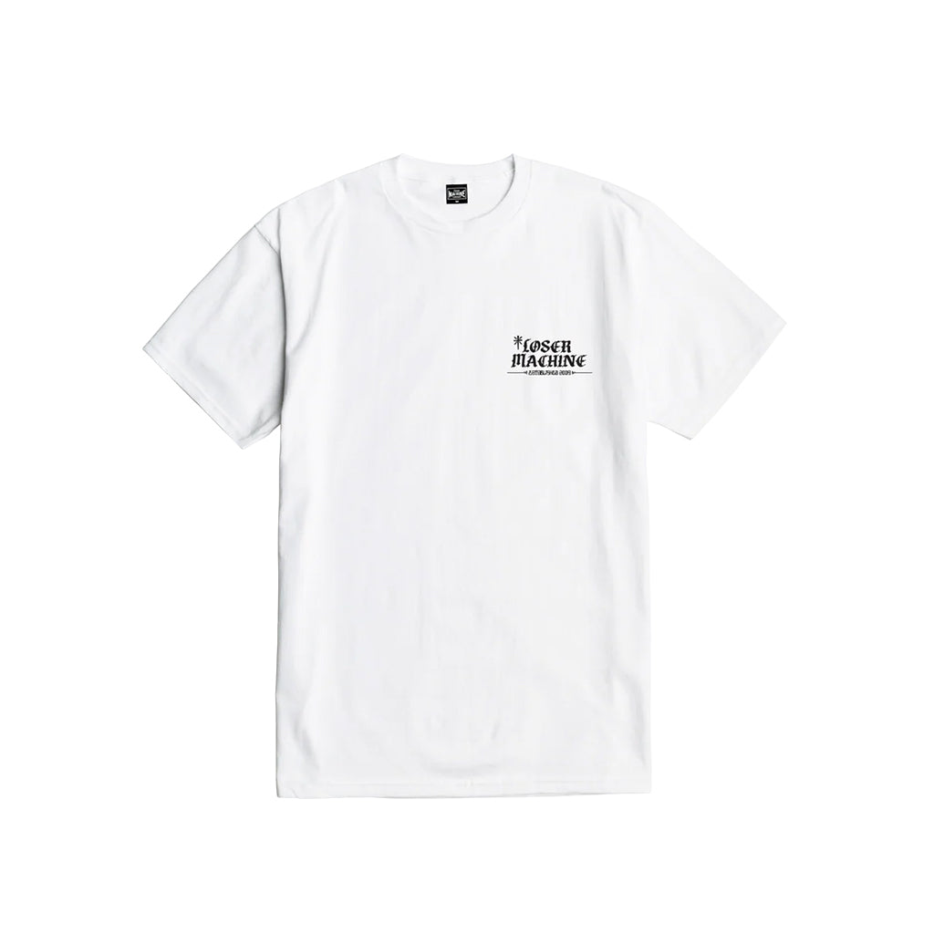 White t-shirt with black text on a white background