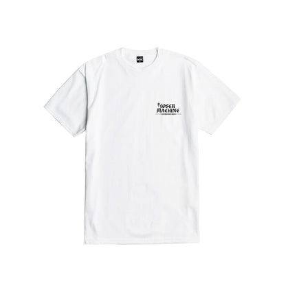 White t-shirt with black text on a white background
