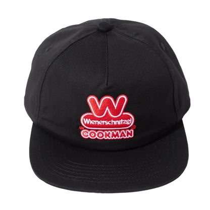 Black cap with red logo and text on a white background