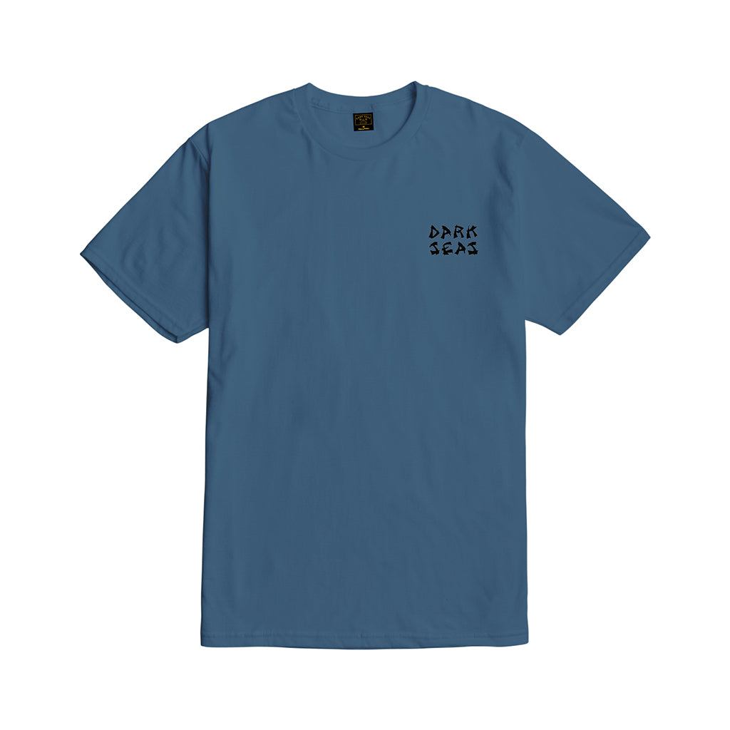 Blue t-shirt with 'Dark Seas' logo on a white background