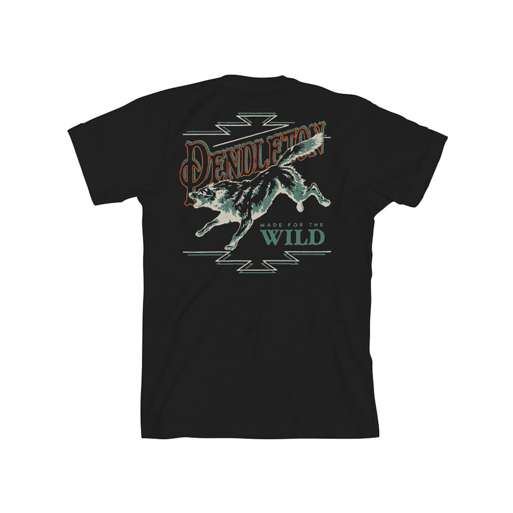 Black t-shirt with a wolf graphic and text on a white background