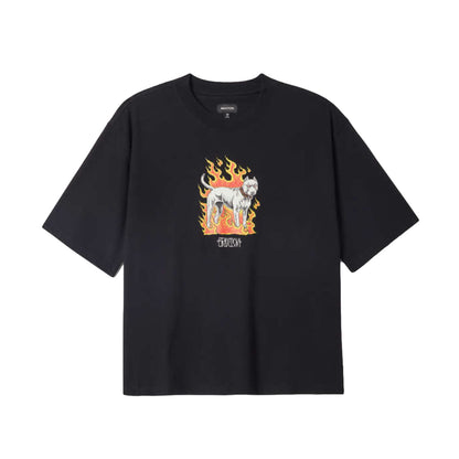 Black t-shirt with a dog design on a white background