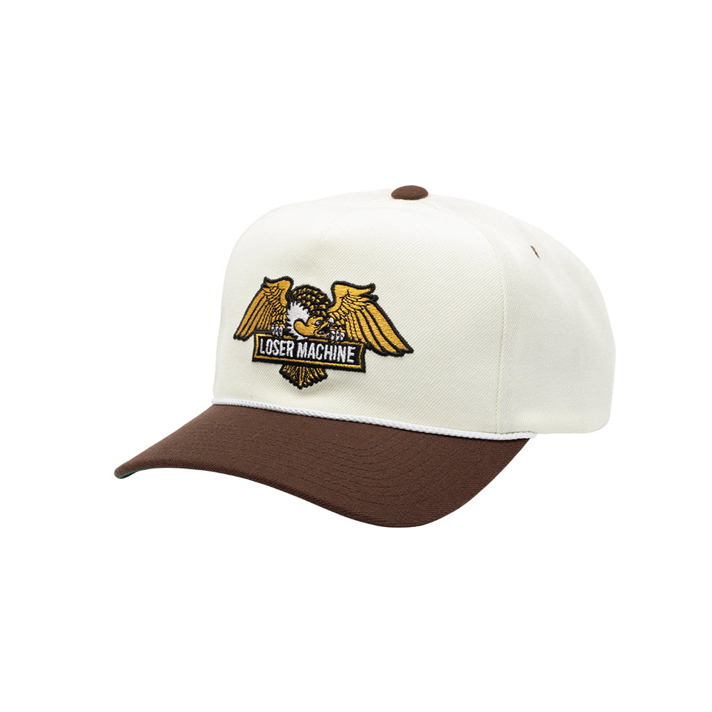 White and brown cap with 'Loser Machine' logo on a white background