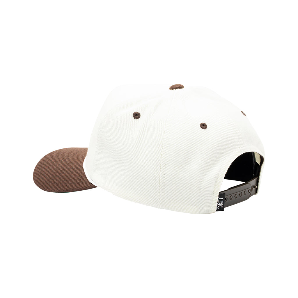 White cap with brown visor and brim on a white background