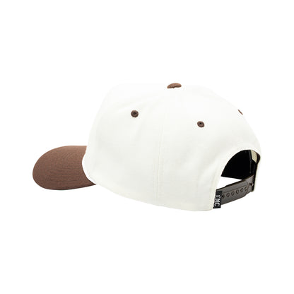 White cap with brown visor and brim on a white background