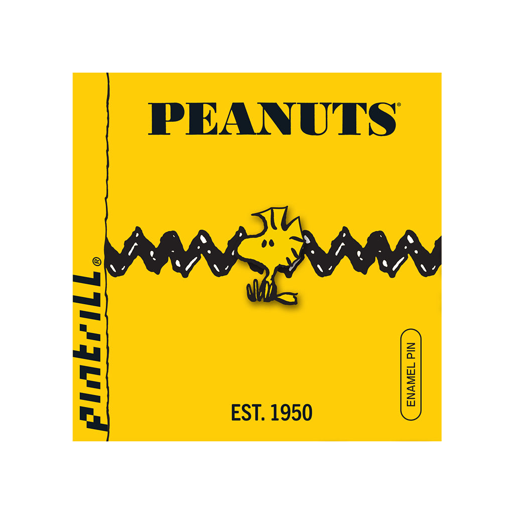 Peanuts enamel Woodstock pin with yellow background and black text