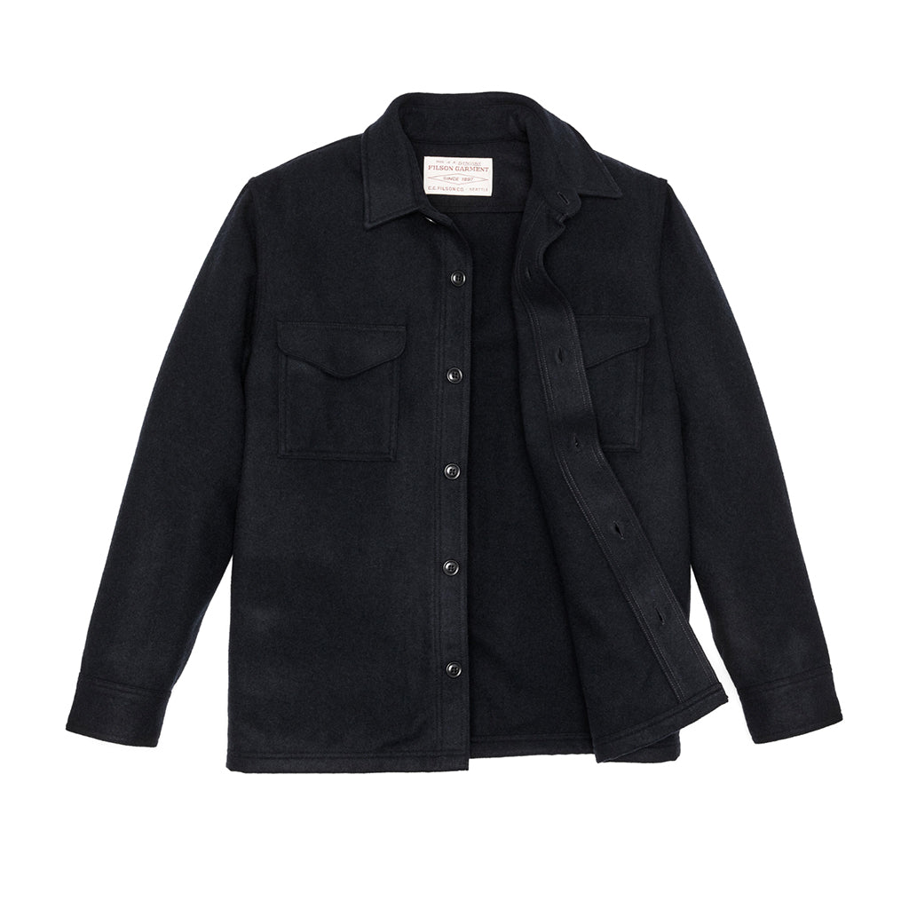 Dark Navy Wool Shirt jacket opened on a white background