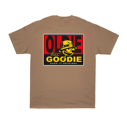 Brown t-shirt with a graphic design on the back featuring text and a logo.