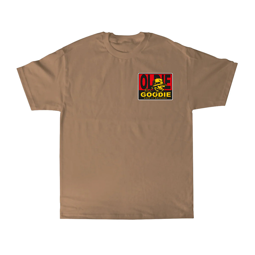 Brown t-shirt with a logo on the chest area against a white background
