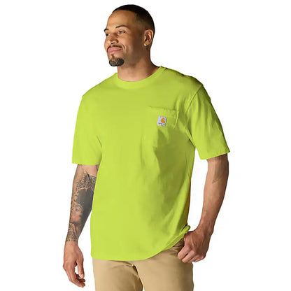 Man wearing a bright green t-shirt with a Carhartt logo on a white background