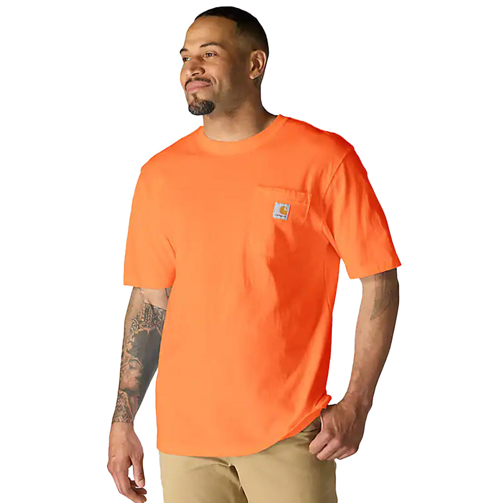 Man wearing an orange t-shirt with a visible brand logo on a white background