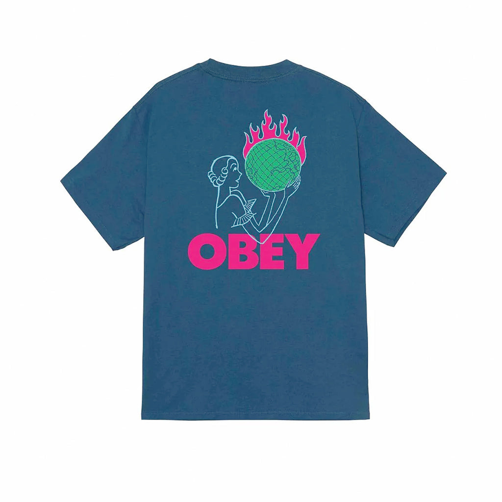 Blue t-shirt with 'OBEY' logo and graphic design on a white background