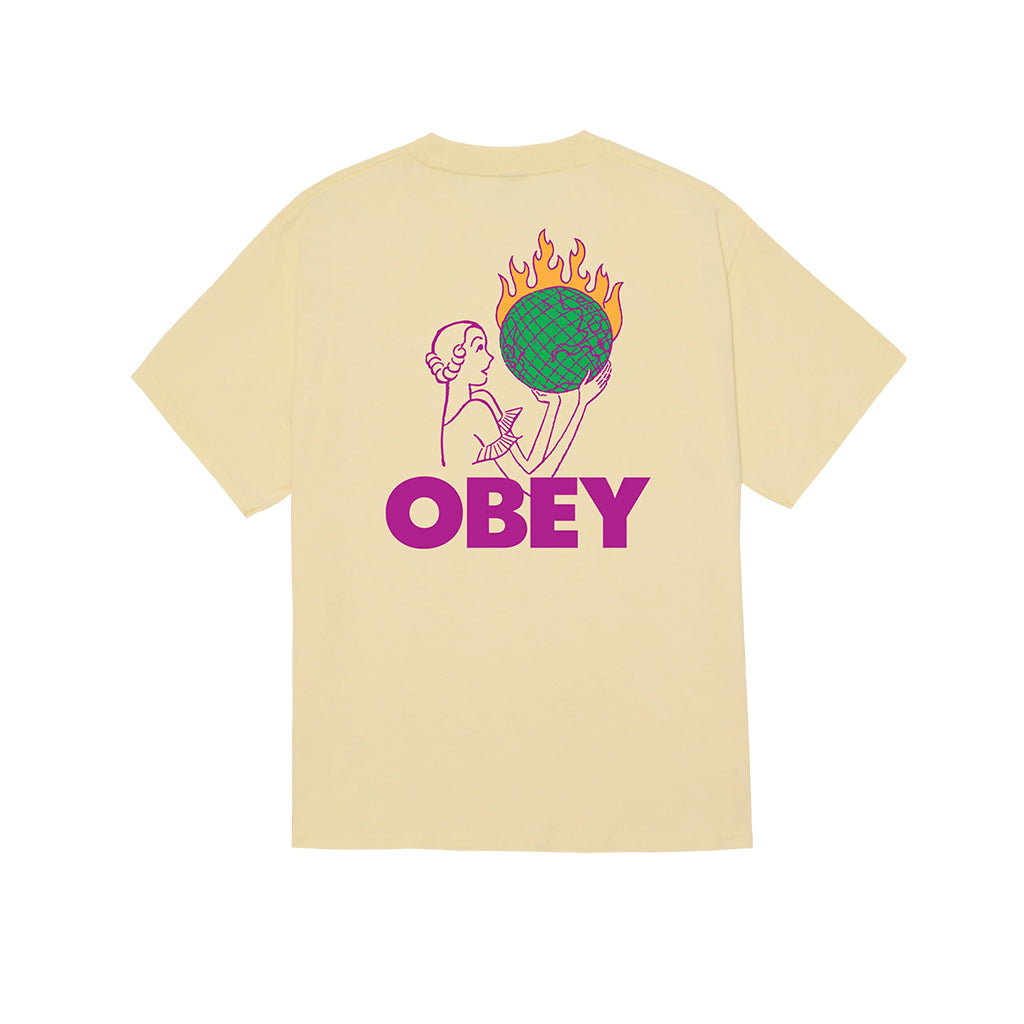 graphic of women holding a burning globe on a yellow shirt