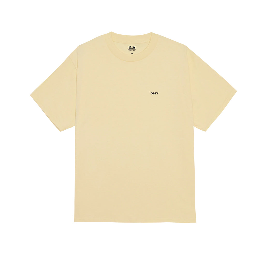 Yellow t-shirt with a small logo on a white background