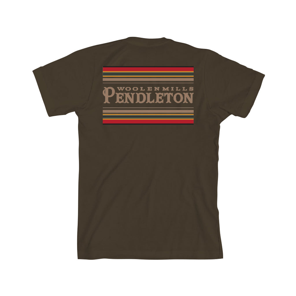 Brown t-shirt with 'Woolen Mills Pendleton' logo on the back against a white background