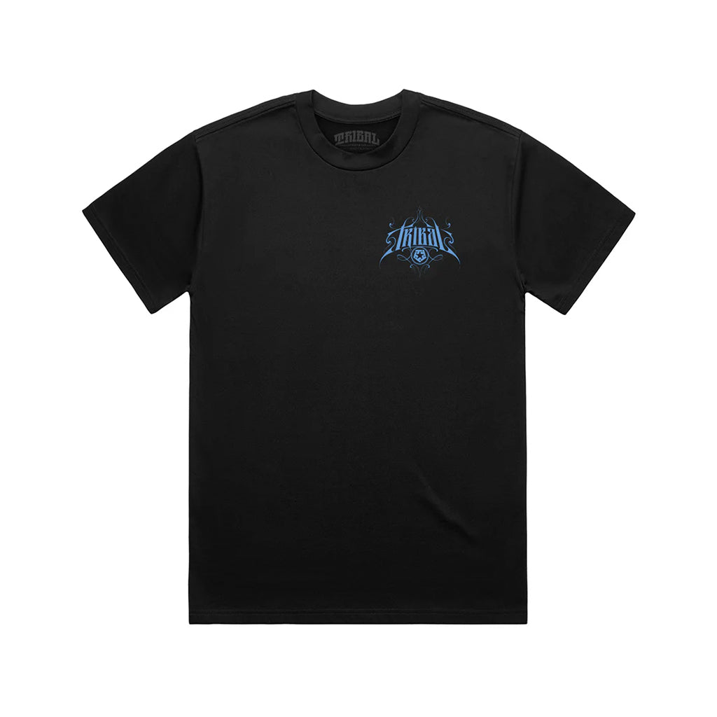 Black t-shirt with blue logo on a white background