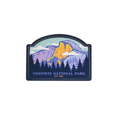 Yosemite National Park logo with mountains and trees on a white background