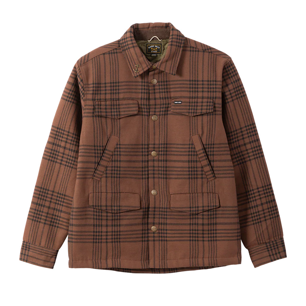 Brown plaid shirt with button details on a white background