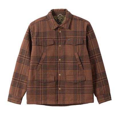 Brown plaid shirt with button details on a white background
