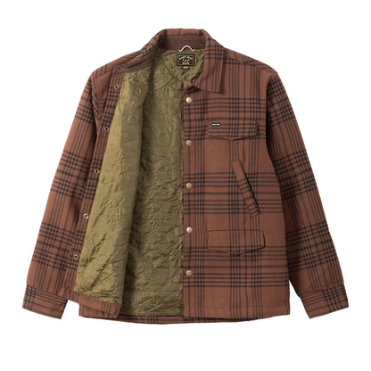 Brown plaid jacket with green quilted lining on a white background