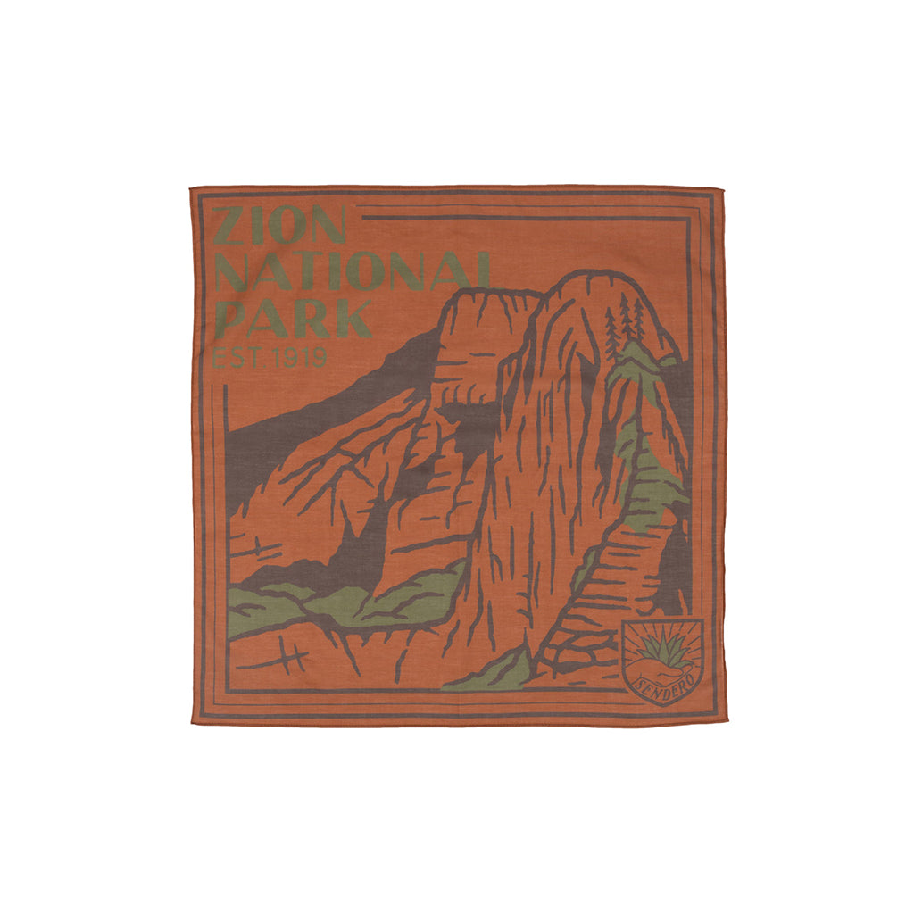 Zion National Park bandana with mountain design and text on a white background
