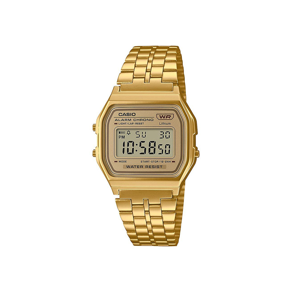 Gold Casio digital watch on a white background
