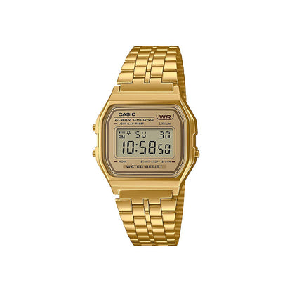 Gold Casio digital watch on a white background