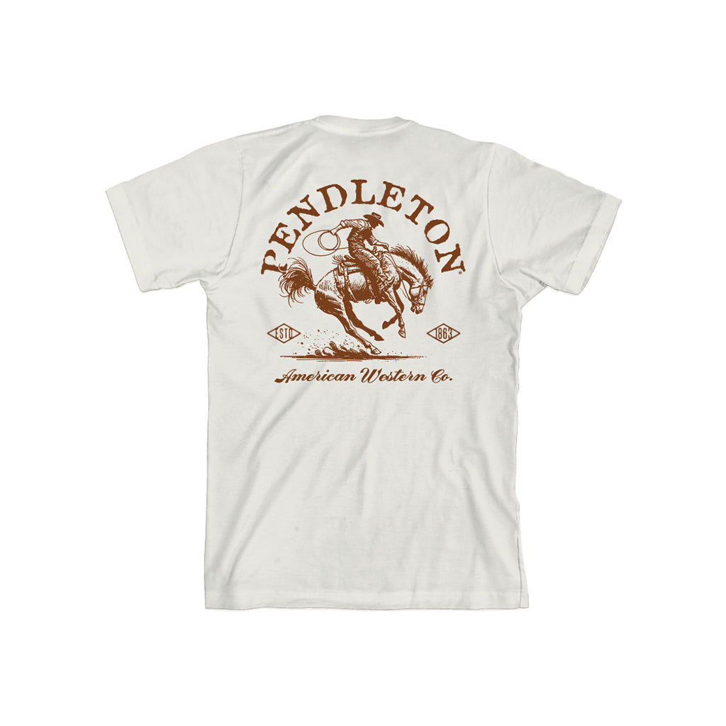 White t-shirt with Pendleton American Western Co. graphic on a white background