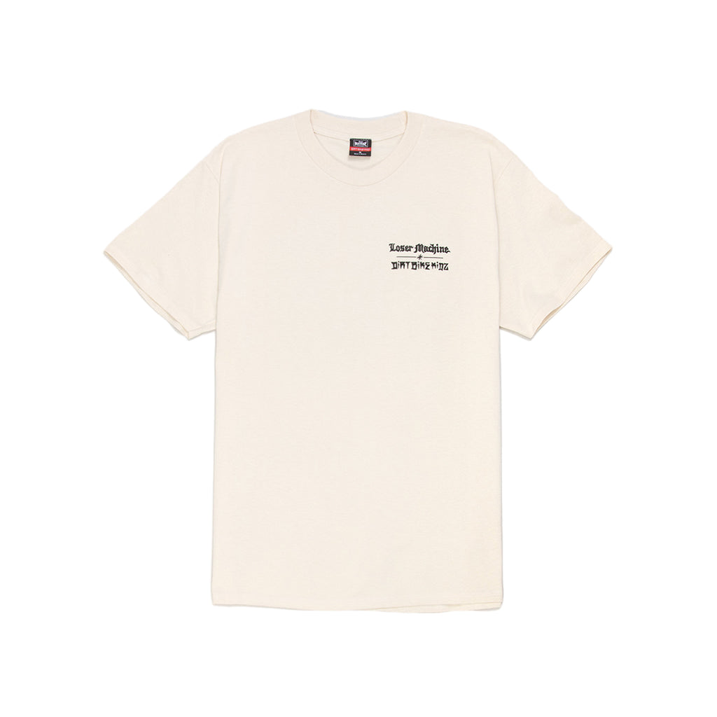 Two cream-colored t-shirts with text on a white background