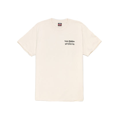 Two cream-colored t-shirts with text on a white background