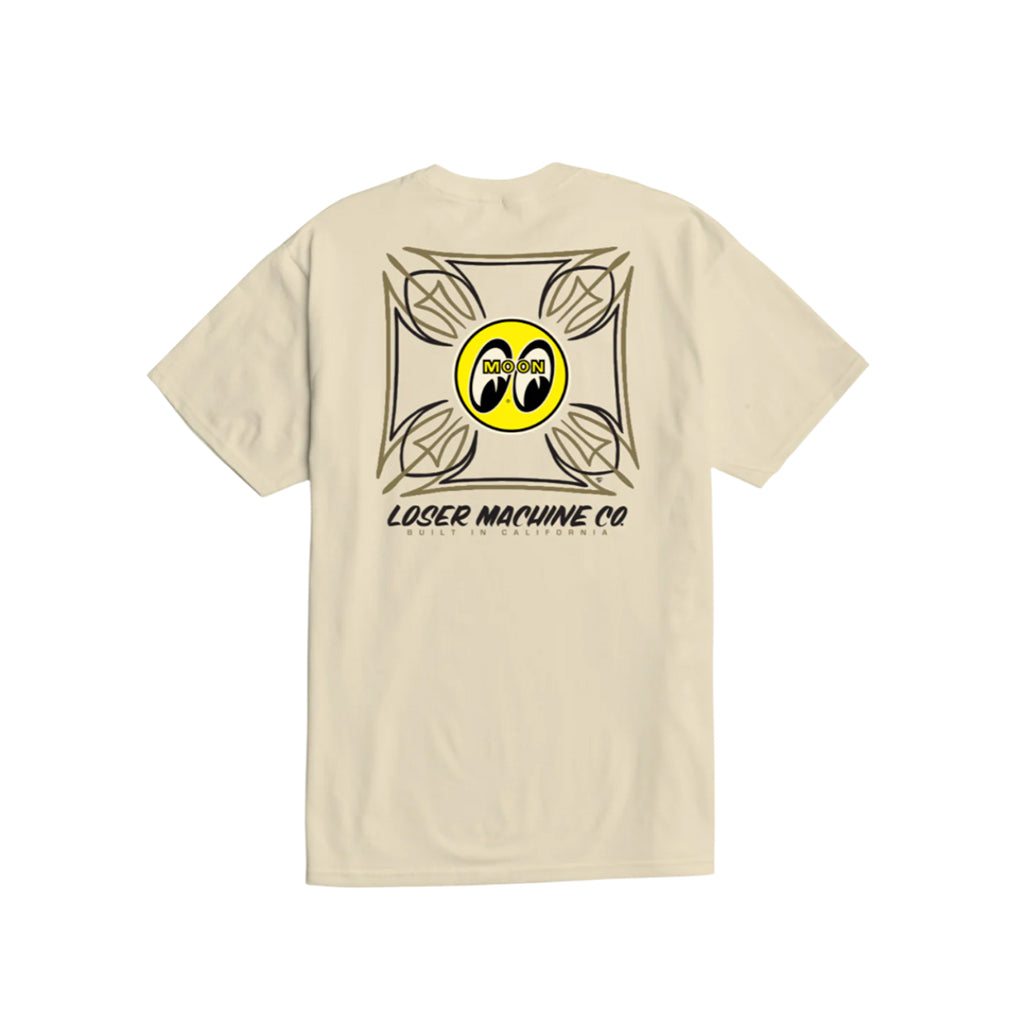 Beige t-shirt with a mooneyes graphic design on the back on a white background