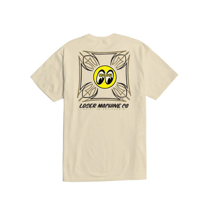 Beige t-shirt with a mooneyes graphic design on the back on a white background