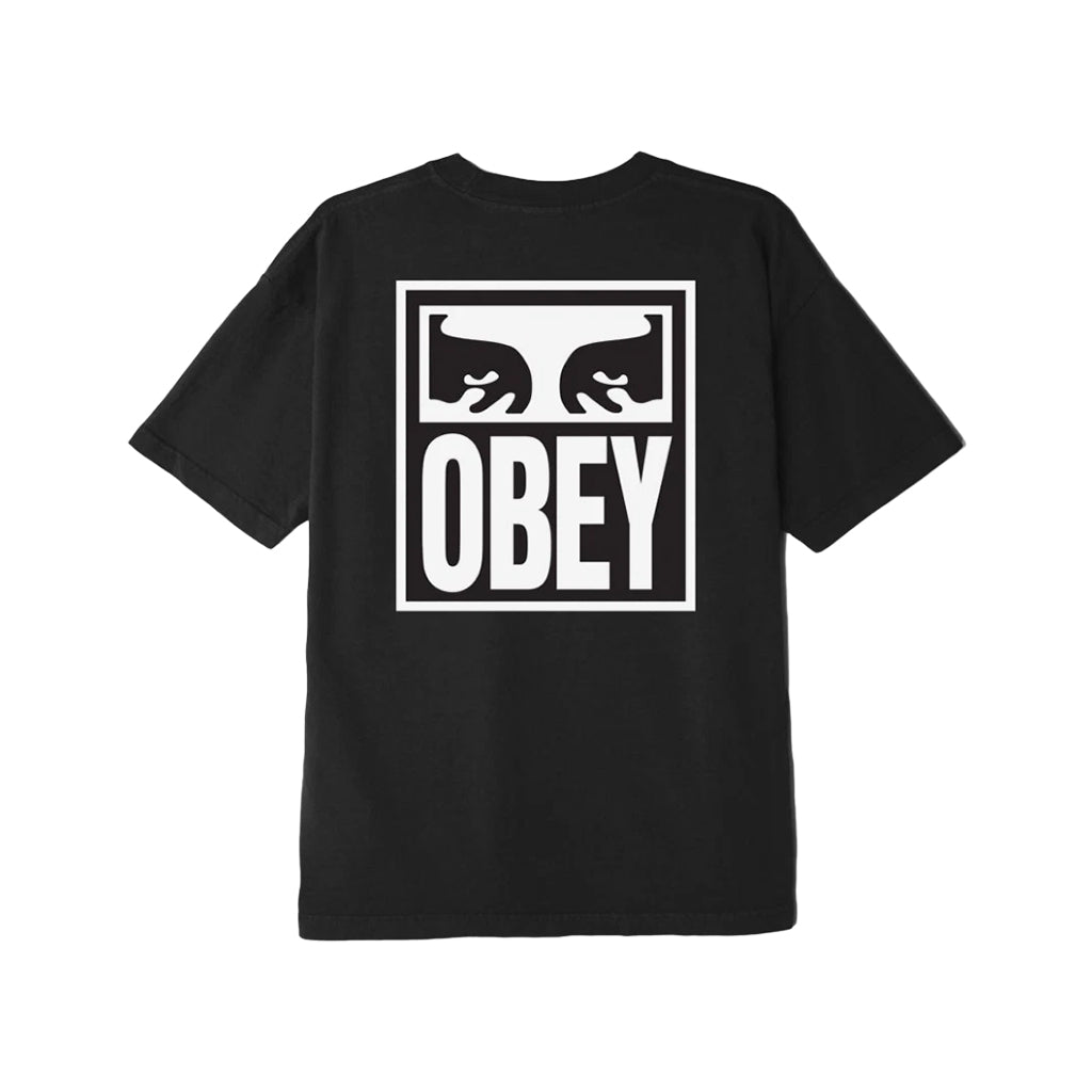 Black t-shirt with 'Obey' logo on the back against a white background