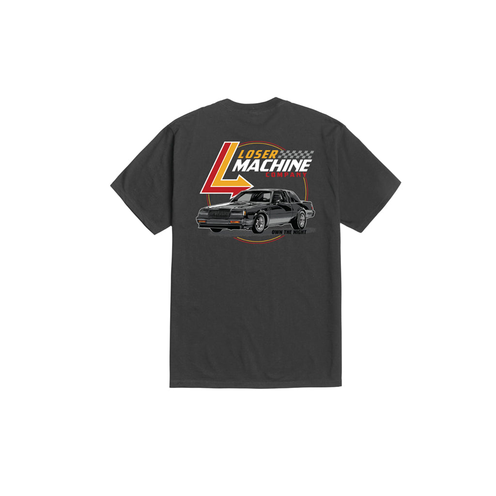 black Loser Machine shirt with script and car graphic on a white background